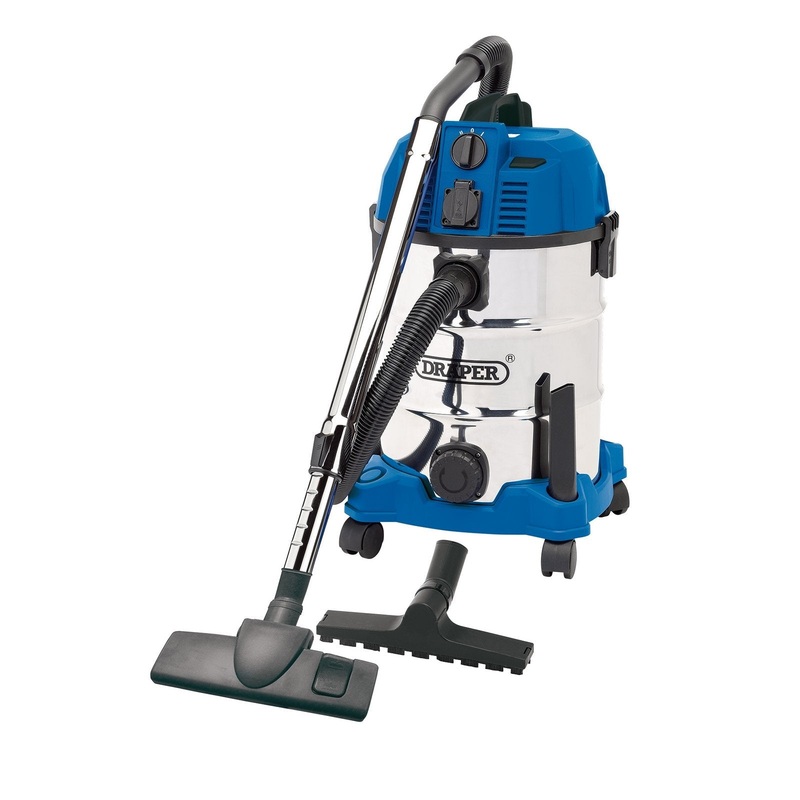 Draper 230V Wet And Dry Vacuum Cleaner With Stainless Steel Tank And Integrated Power Out-Take Socket, 30L, 1300W - WDV30SSPA