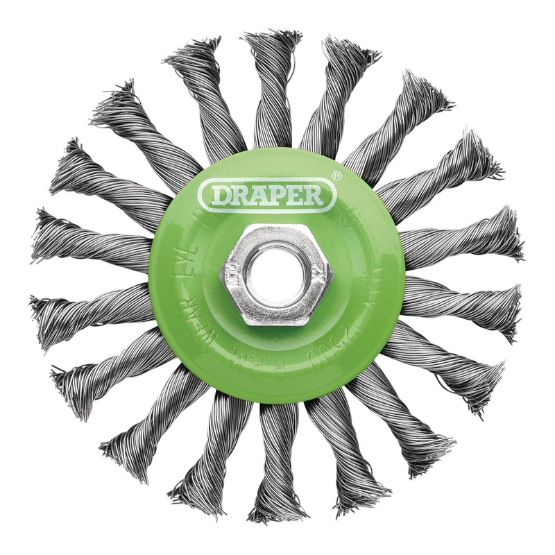 Draper Stainless-Steel Twist-Knot Flat Wire Wheel Brush, 115mm, M14 - WBW5