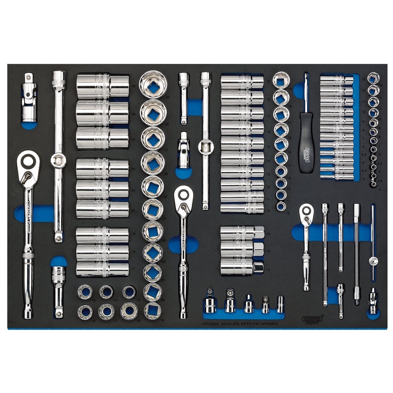 Draper Socket Set In Full Plus Drawer Eva Insert Tray, 1/4", 3/8" & 1/2" (96 Piece) - IT-EVA48B