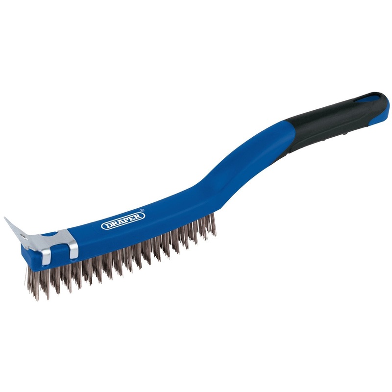 Draper 3 Row Stainless Steel Wire Scratch Brush With Scraper, 350mm - WBSC14SS