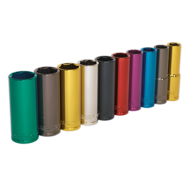 Multi-Coloured Socket Set 10pc 1/2"Sq Drive 6pt Deep WallDrive Metric - AK288D