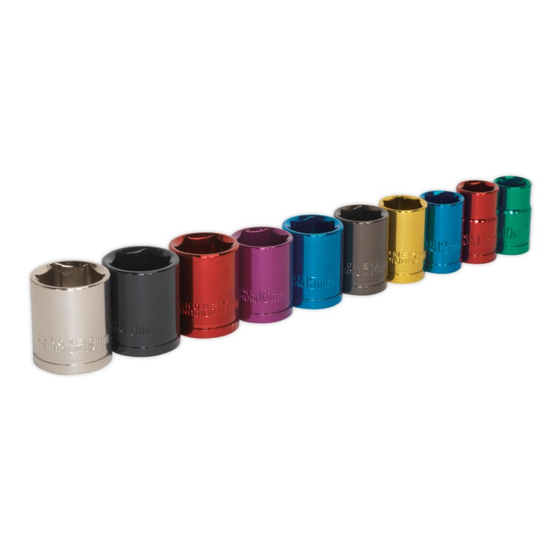 Multi-Coloured Socket Set 10pc 3/8"Sq Drive 6pt WallDrive Metric - AK285