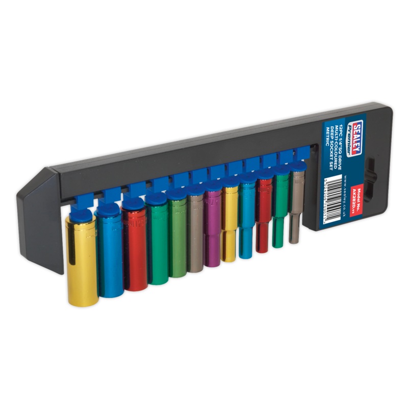 Multi-Coloured Socket Set 12pc 1/4"Sq Drive Deep WallDrive Metric - AK282D