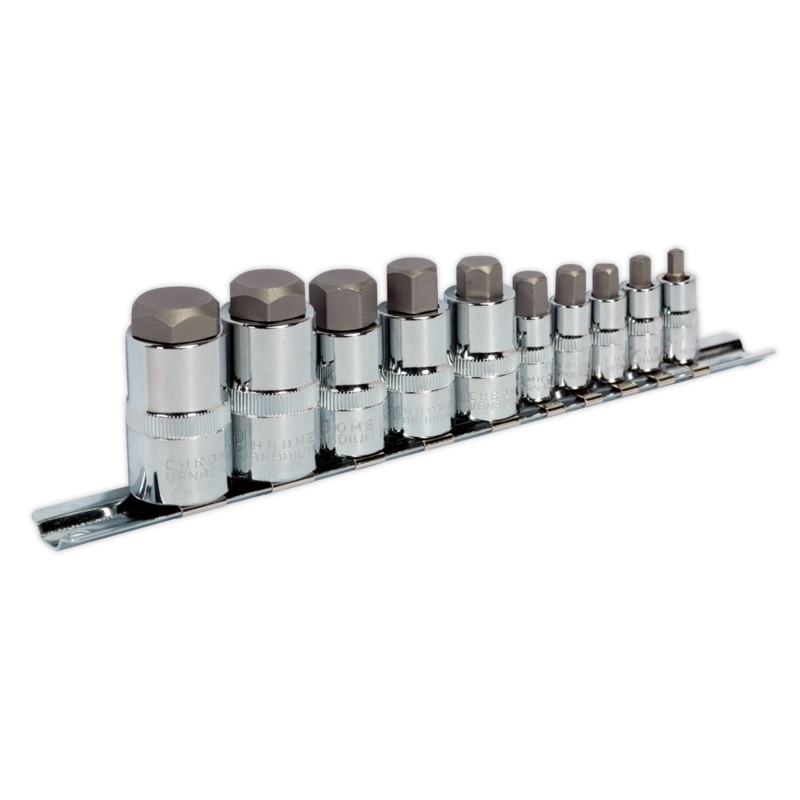 Hex Socket Bit Set 10pc Stubby 1/4", 3/8" & 1/2"Sq Drive - AK6229