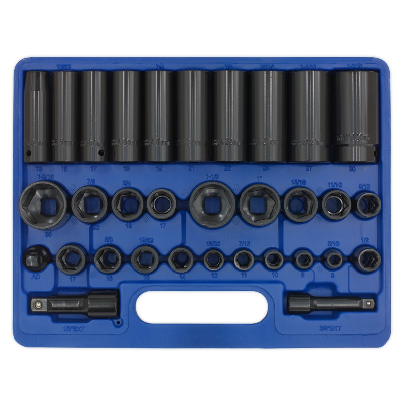 Impact Socket Set 32pc Standard/Deep 3/8" & 1/2"Sq Drive Metric/Imperial - AK681