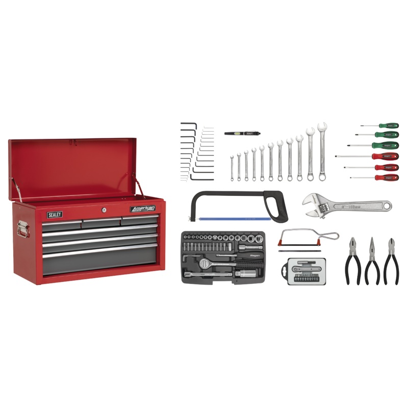 Topchest 6 Drawer with Ball-Bearing Slides - Red/Grey & 98pc Tool Kit - AP2201BBCOMBO