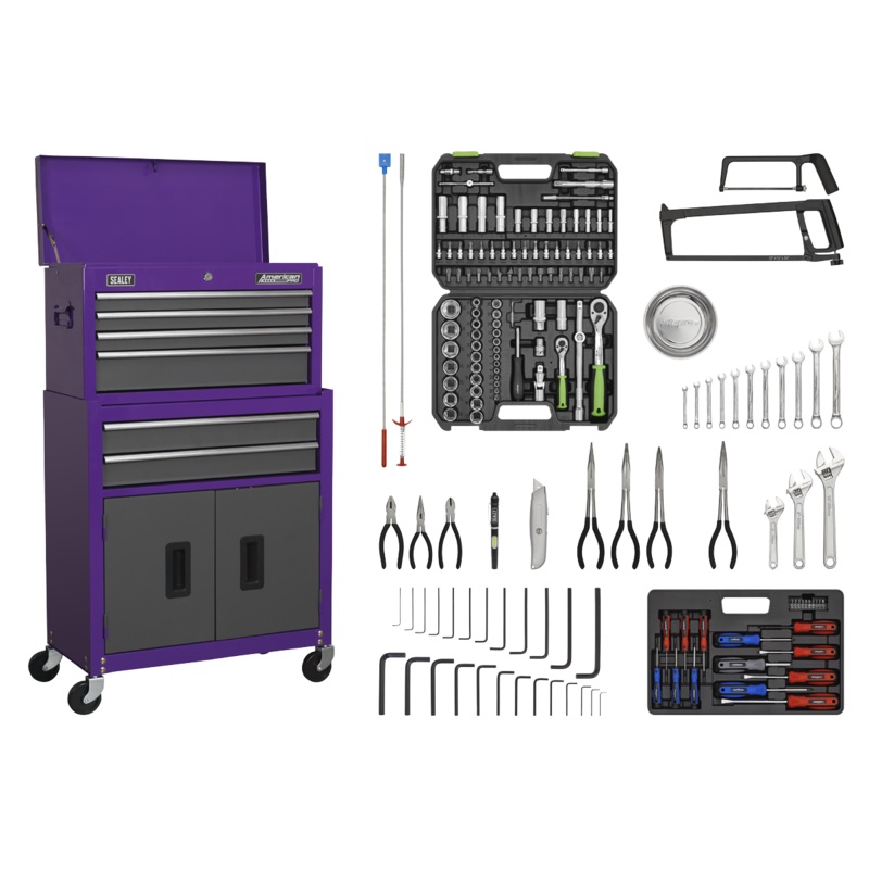 Topchest & Rollcab Combination 6 Drawer with Ball-Bearing Slides - Purple/Grey & 170pc Tool Kit - AP2200COMBOCP
