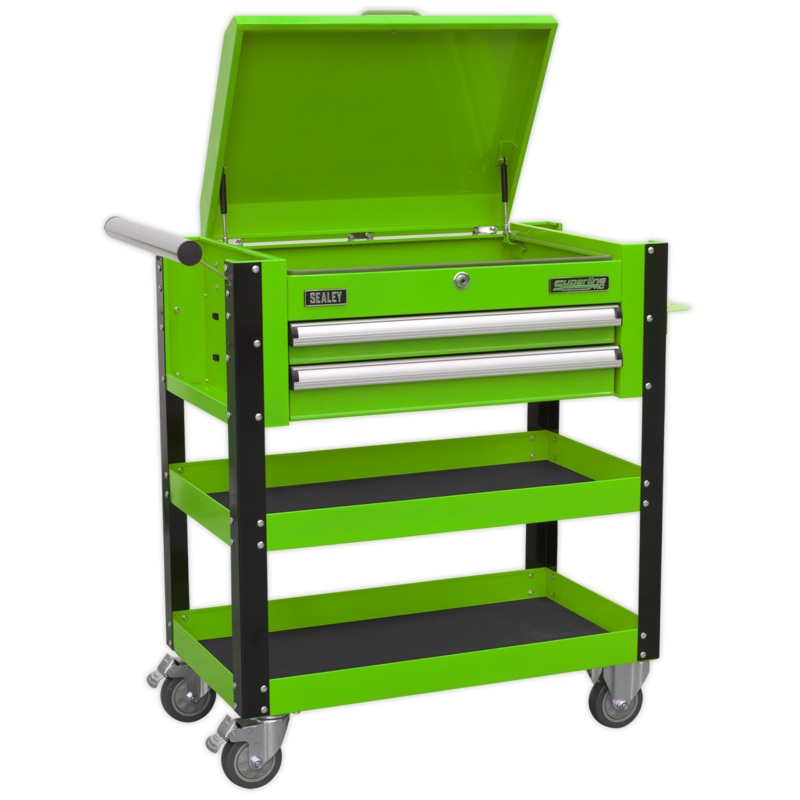 Heavy-Duty Mobile Tool & Parts Trolley 2 Drawers & Lockable Top - Green - AP760MHV