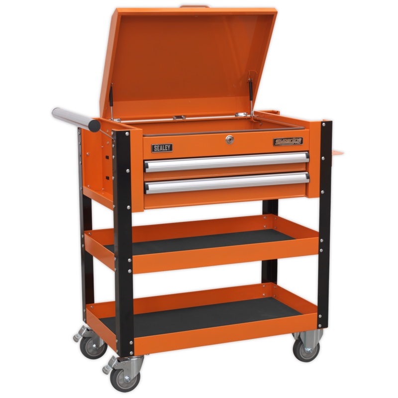 Heavy-Duty Mobile Tool & Parts Trolley 2 Drawers & Lockable Top - Orange - AP760MO