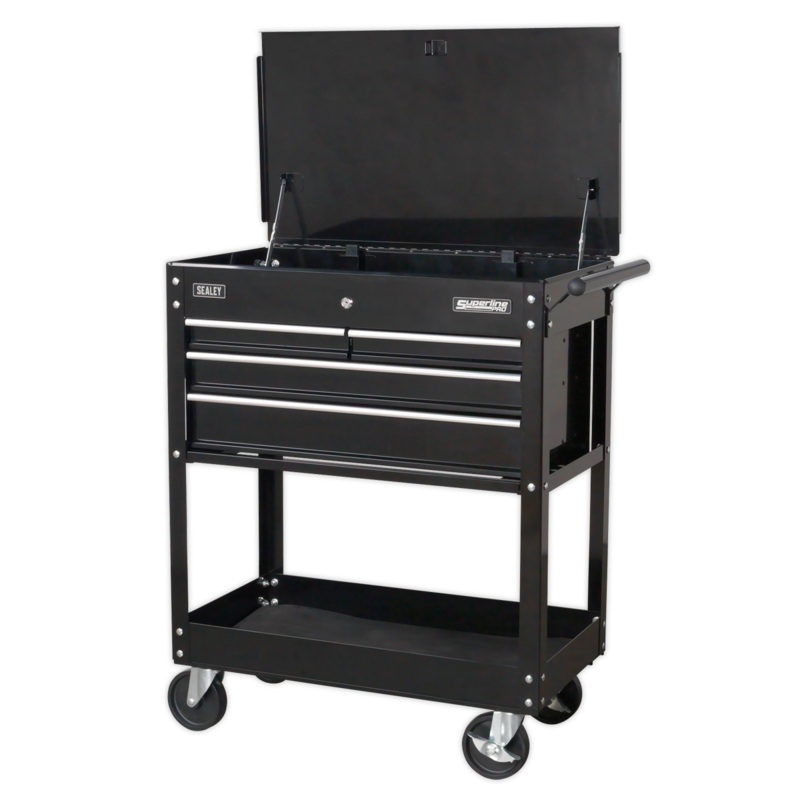 Heavy-Duty Mobile Tool & Parts Trolley with 4 Drawers & Lockable Top - Black - AP850MB
